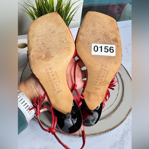 Christian Lacroix Tassel Accent Red Leather Slingback Heels Women’s US  6 - Picture 7 of 7